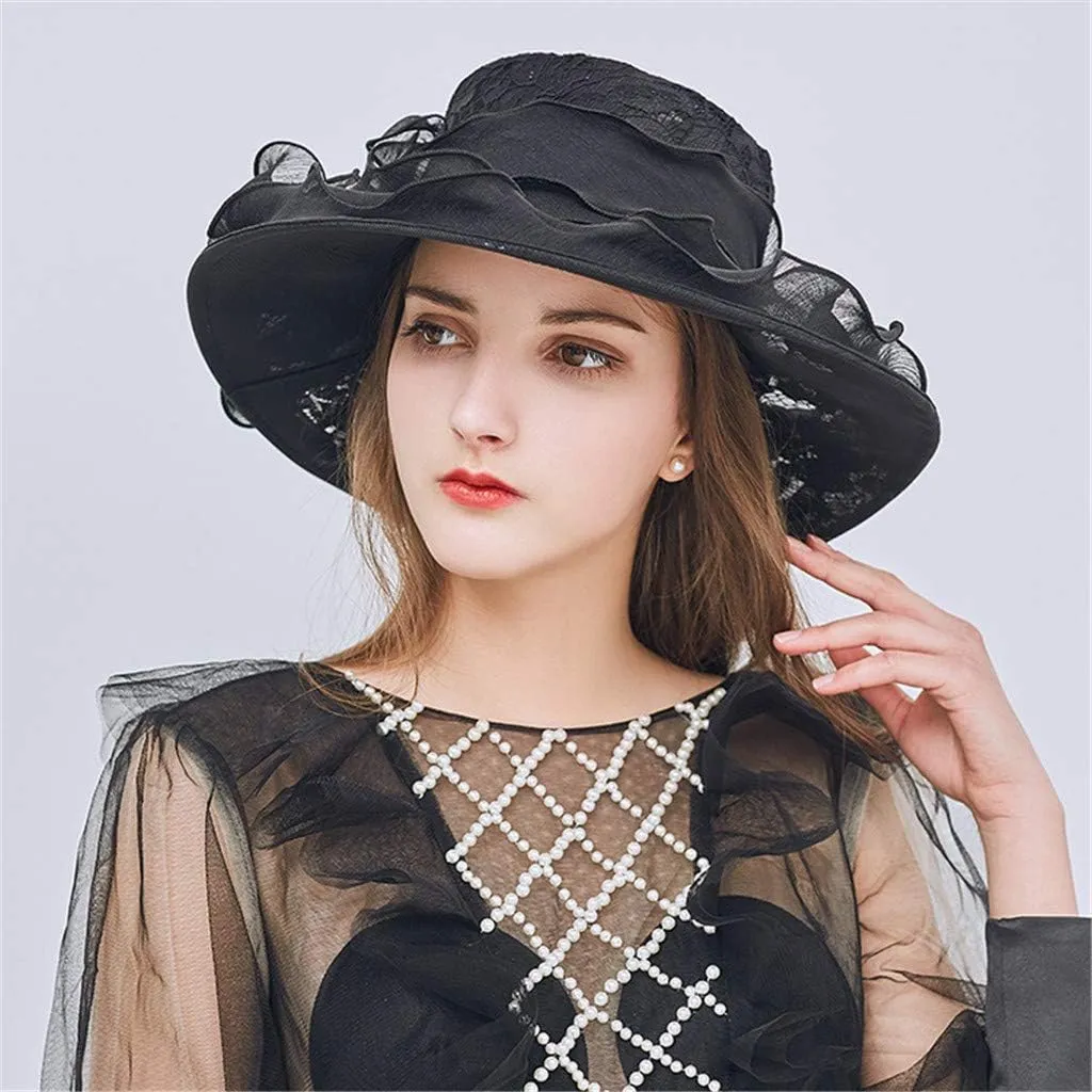 Womens Sun Hats Summer Wide Brim Flower Bucket Hat Elegant Lace Beach Holiday Hats Party Bridal Dress Hats