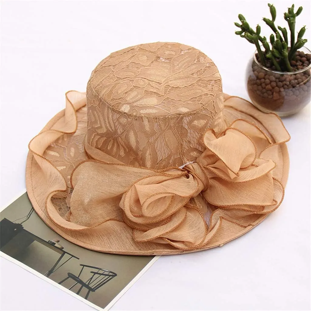 Womens Sun Hats Summer Wide Brim Flower Bucket Hat Elegant Lace Beach Holiday Hats Party Bridal Dress Hats