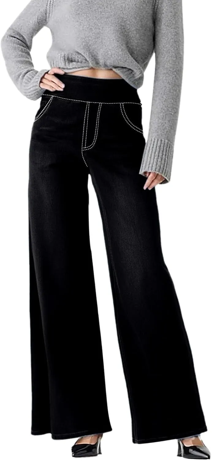 Womens Sweatpant Jeans Sweatpants That Look Like Jeans Stretchy High Waisted Wide Leg Denim Pants with Pockets