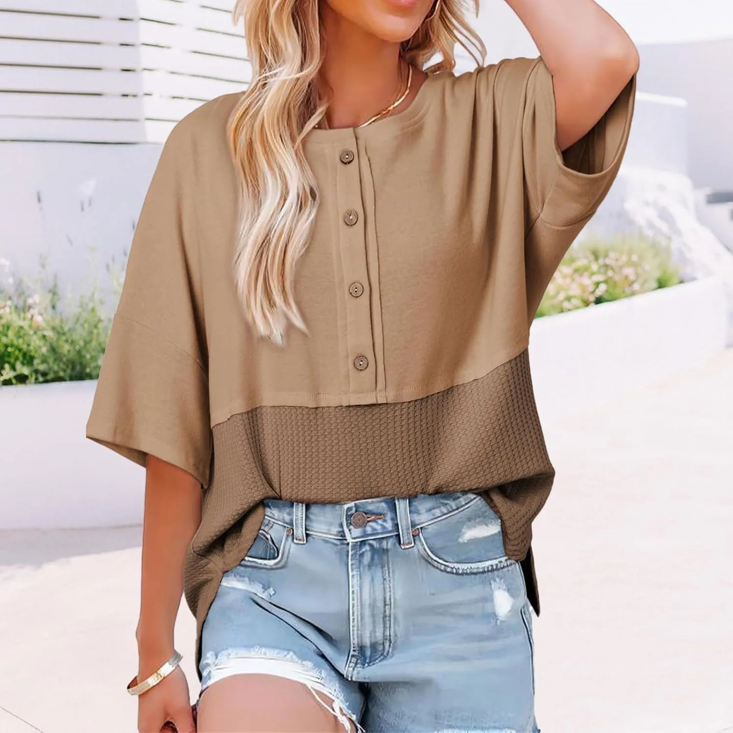 Womens Waffle Knit Tops Oversized Patchwork 3/4 Sleeve T Shirts Casual Crew Neck Button Down Shirts 2025 Fashion