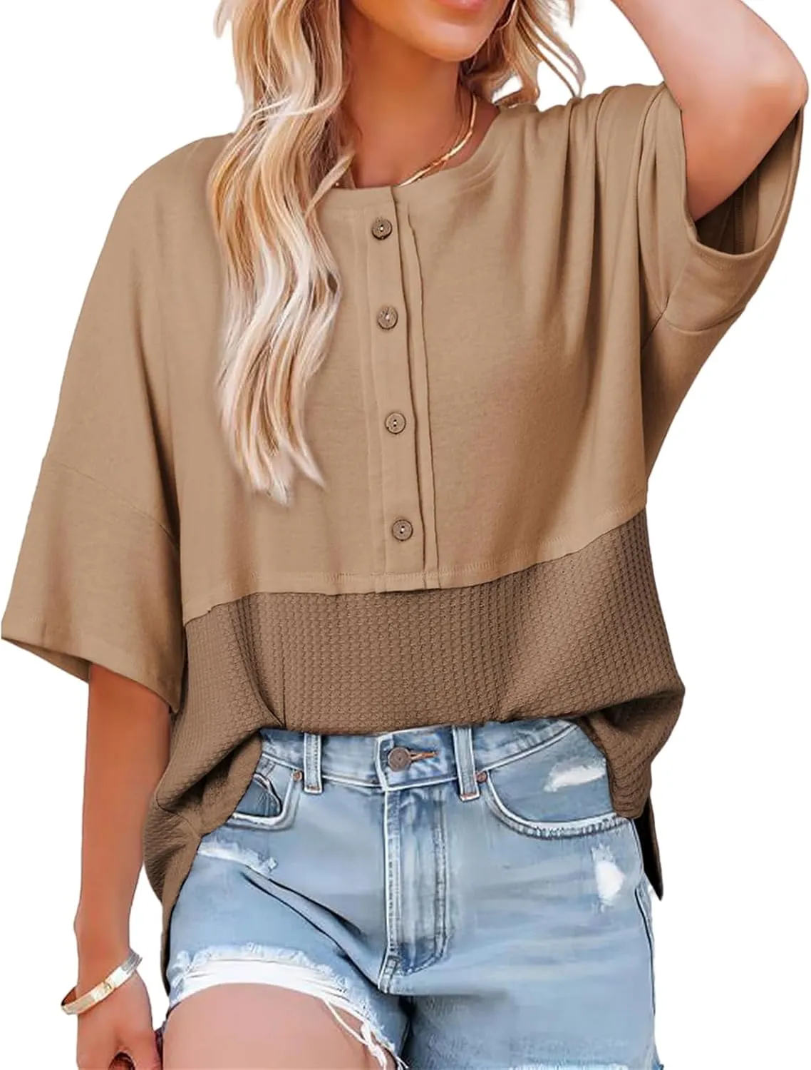Womens Waffle Knit Tops Oversized Patchwork 3/4 Sleeve T Shirts Casual Crew Neck Button Down Shirts 2025 Fashion