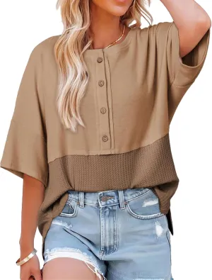 Womens Waffle Knit Tops Oversized Patchwork 3/4 Sleeve T Shirts Casual Crew Neck Button Down Shirts 2025 Fashion
