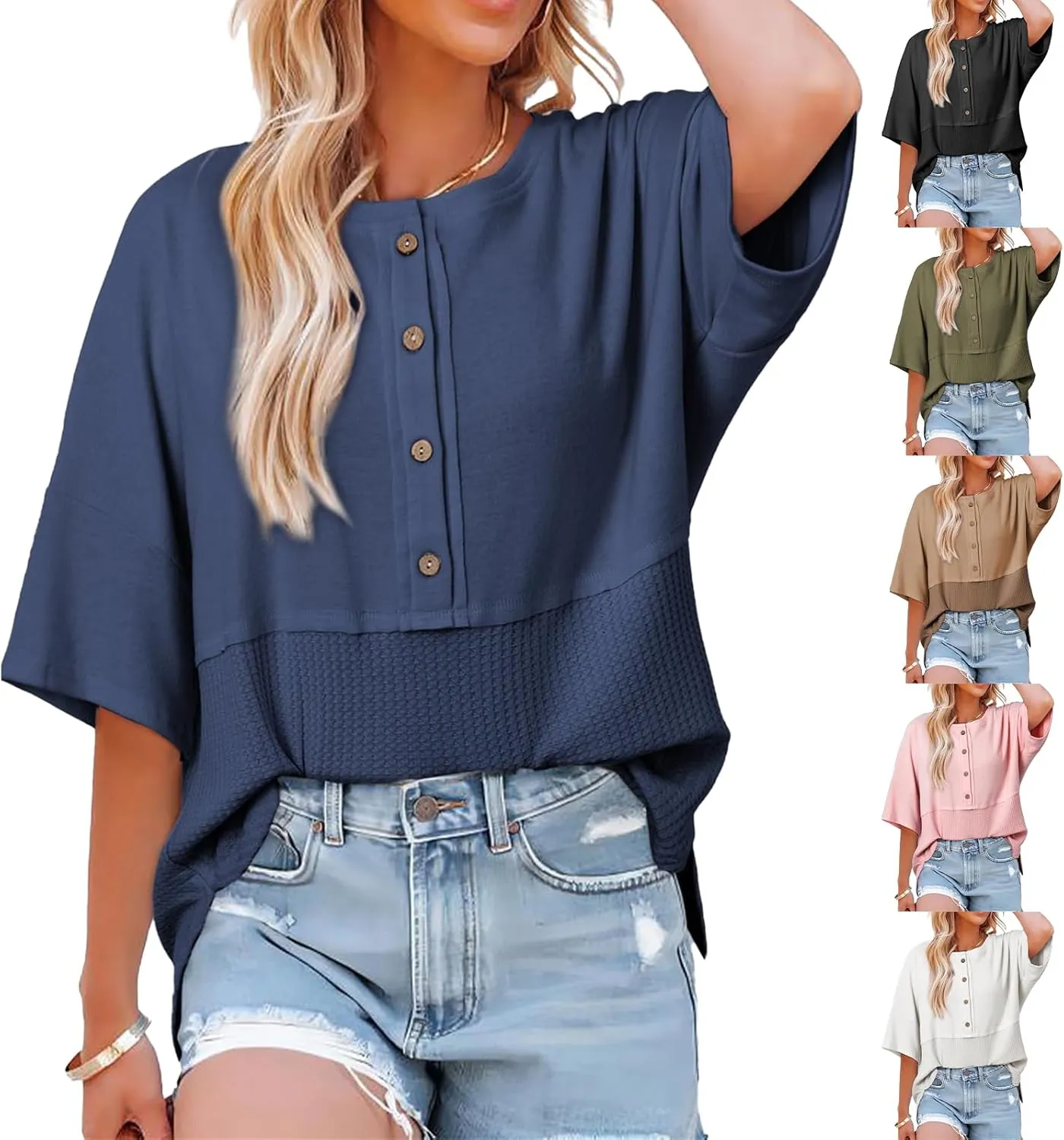 Womens Waffle Knit Tops Oversized Patchwork 3/4 Sleeve T Shirts Casual Crew Neck Button Down Shirts 2025 Fashion