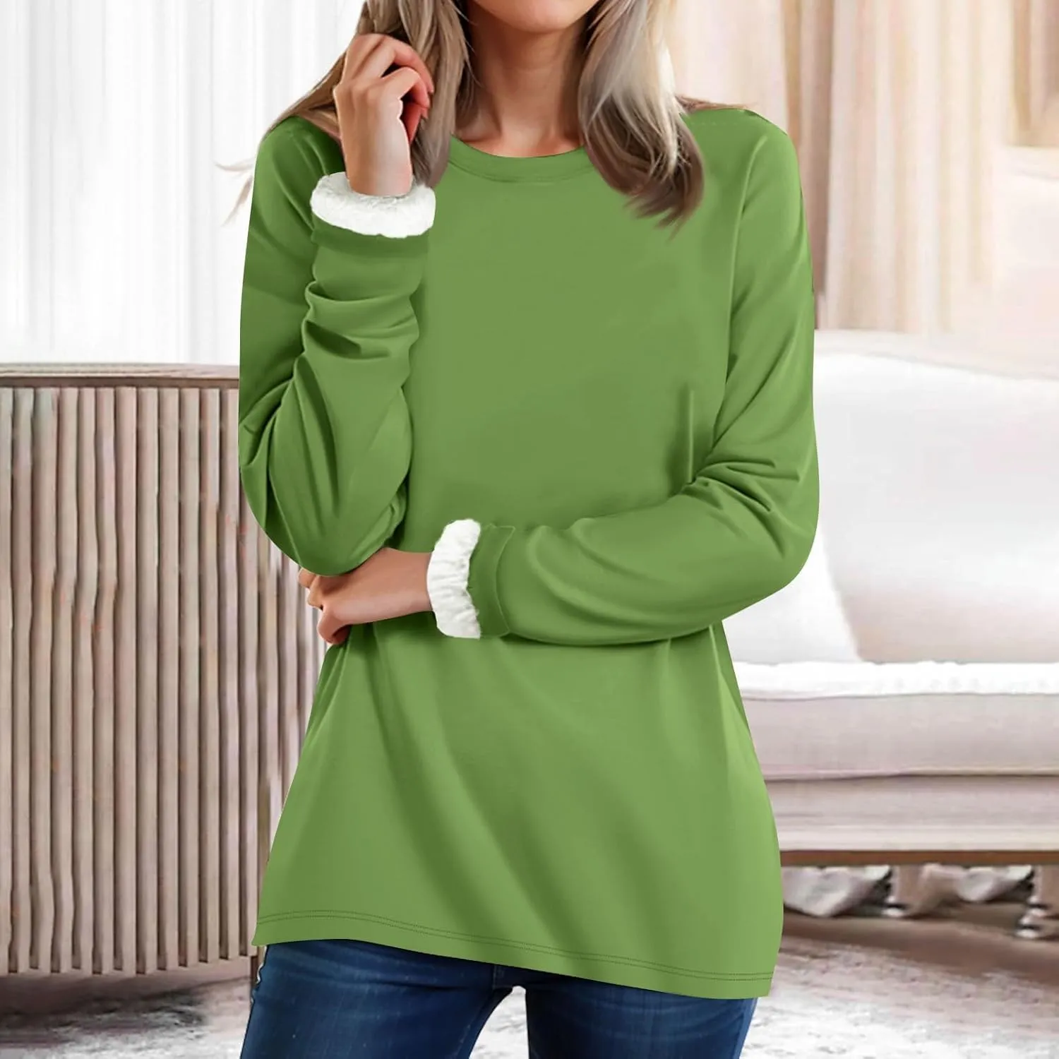 Womens Warm Sherpa Lined Fleece Crewneck Sport Sweatshirts Pullover Long Sleeve Loungewear