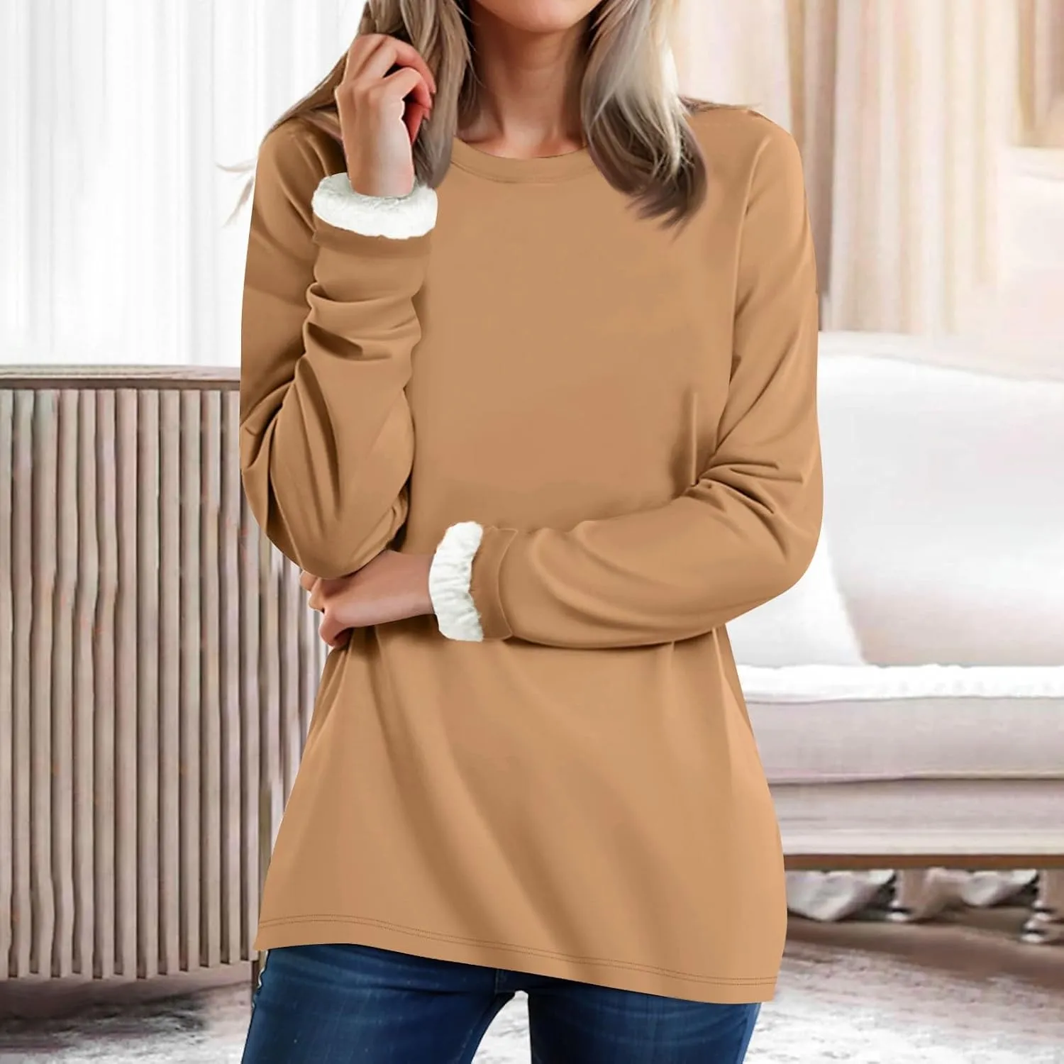 Womens Warm Sherpa Lined Fleece Crewneck Sport Sweatshirts Pullover Long Sleeve Loungewear