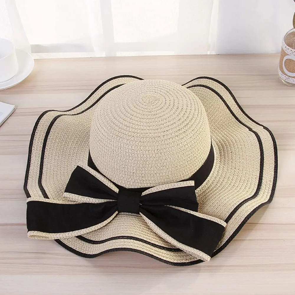 Women's Wide Brim Straw Hat, Summer Beach Sun Protection Hat Floppy Hat with Bowknot
