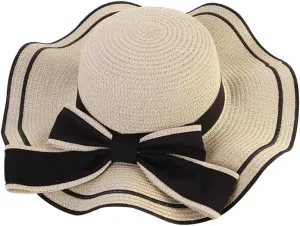 Women's Wide Brim Straw Hat, Summer Beach Sun Protection Hat Floppy Hat with Bowknot