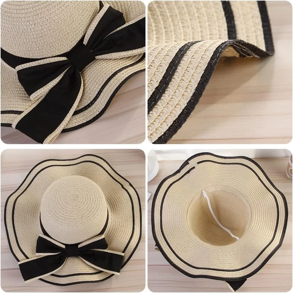 Women's Wide Brim Straw Hat, Summer Beach Sun Protection Hat Floppy Hat with Bowknot