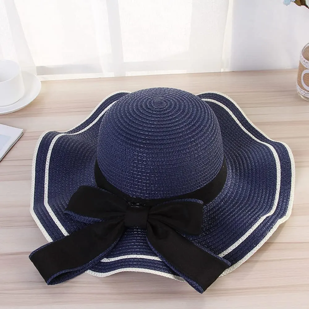 Women's Wide Brim Straw Hat, Summer Beach Sun Protection Hat Floppy Hat with Bowknot