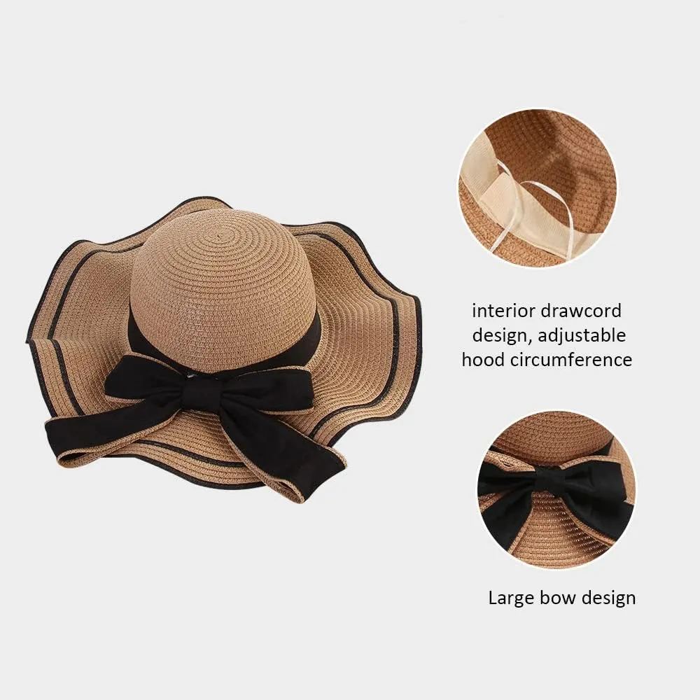 Women's Wide Brim Straw Hat, Summer Beach Sun Protection Hat Floppy Hat with Bowknot