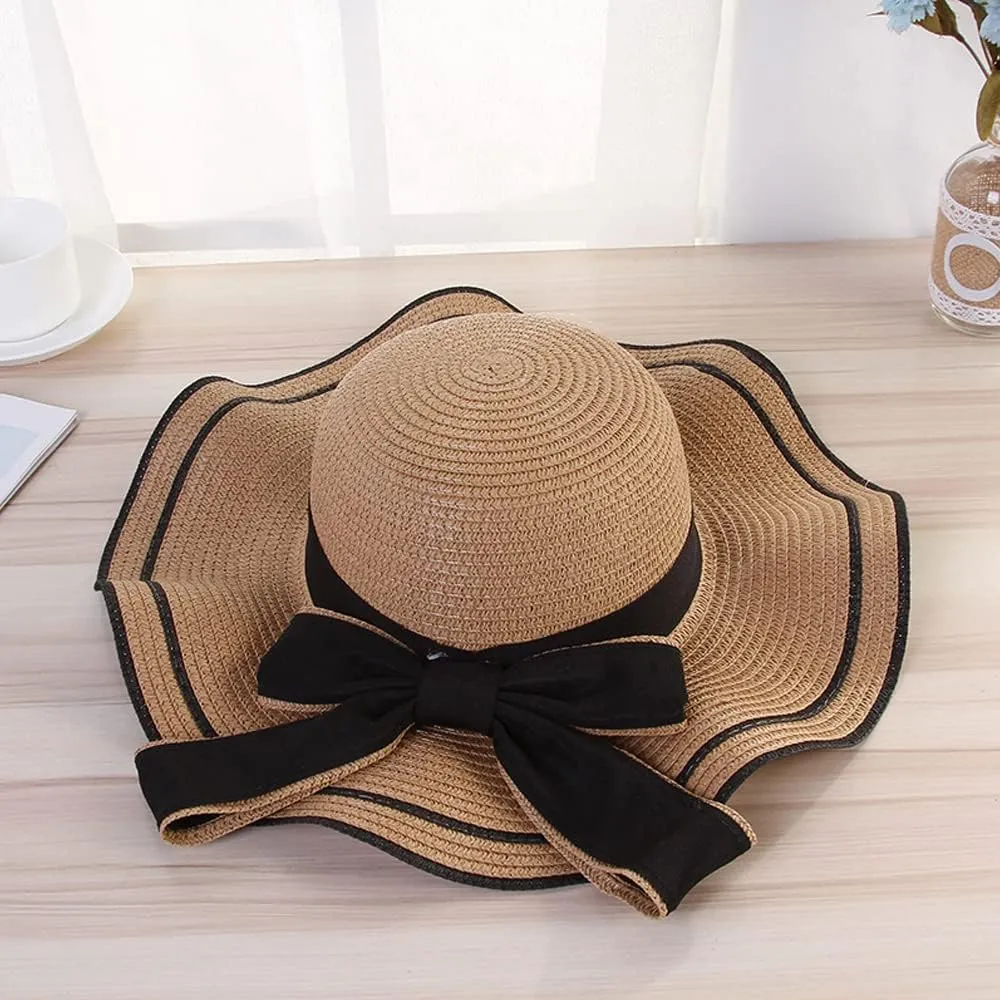 Women's Wide Brim Straw Hat, Summer Beach Sun Protection Hat Floppy Hat with Bowknot