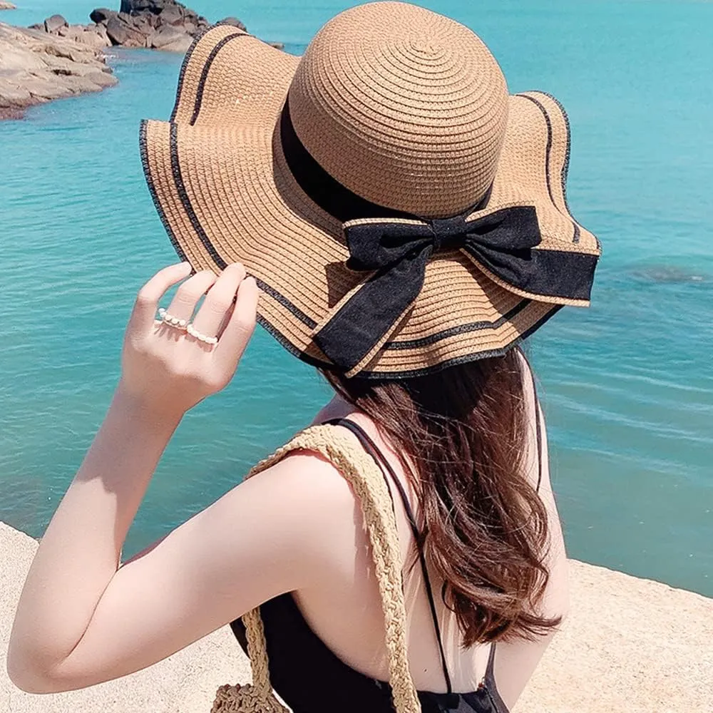Women's Wide Brim Straw Hat, Summer Beach Sun Protection Hat Floppy Hat with Bowknot