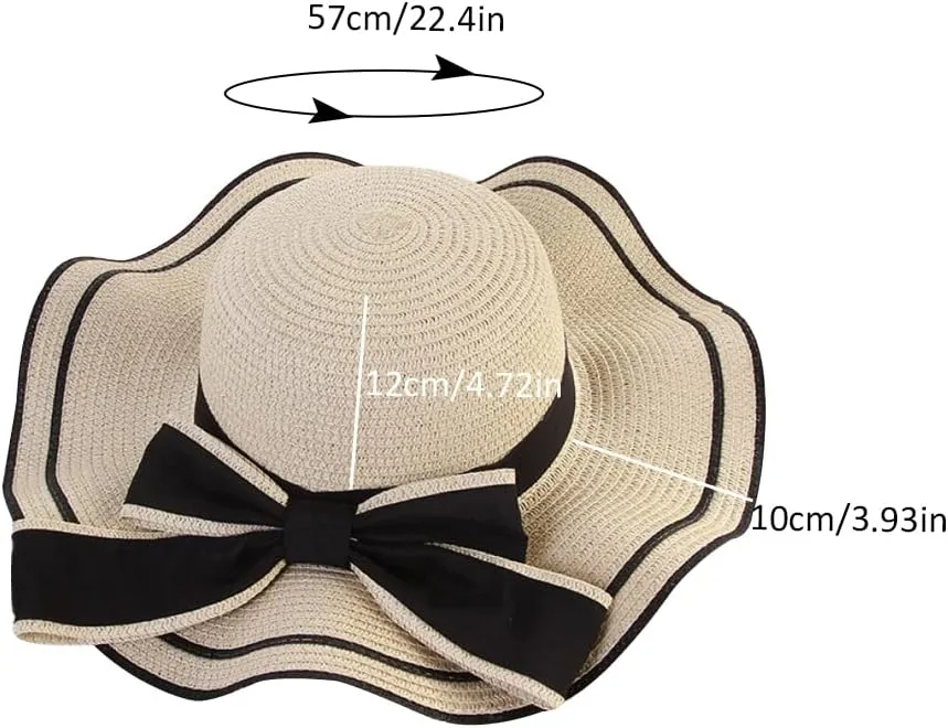 Women's Wide Brim Straw Hat, Summer Beach Sun Protection Hat Floppy Hat with Bowknot