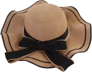 Women's Wide Brim Straw Hat, Summer Beach Sun Protection Hat Floppy Hat with Bowknot