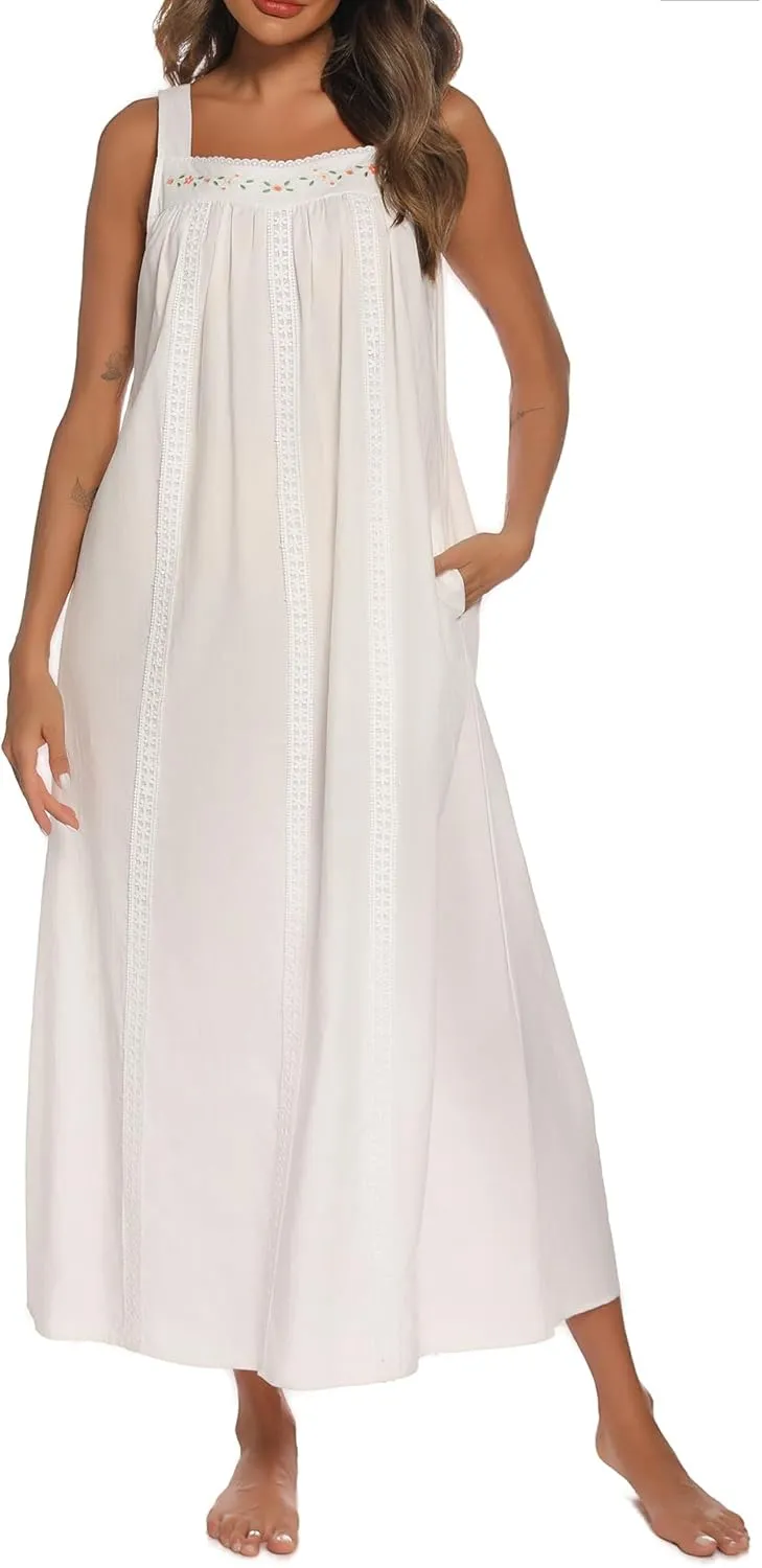 YOZLY Cotton Nightgowns for Women Embroidery Sleeveless Night Gown with Pockets S-XXXL