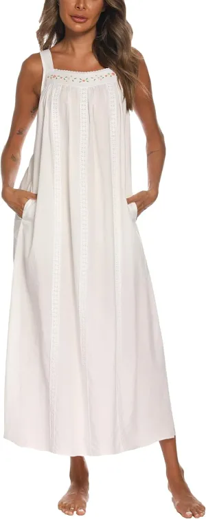 YOZLY Cotton Nightgowns for Women Embroidery Sleeveless Night Gown with Pockets S-XXXL