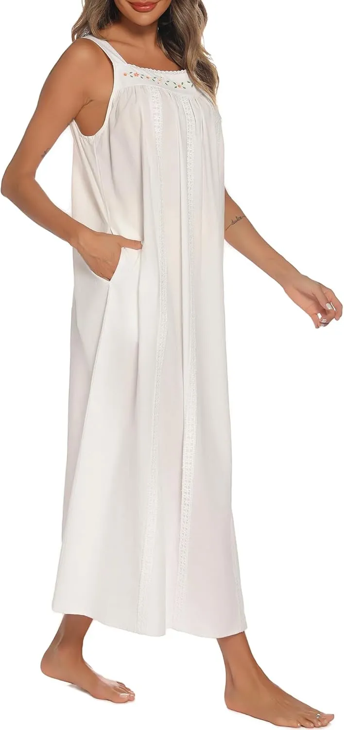 YOZLY Cotton Nightgowns for Women Embroidery Sleeveless Night Gown with Pockets S-XXXL
