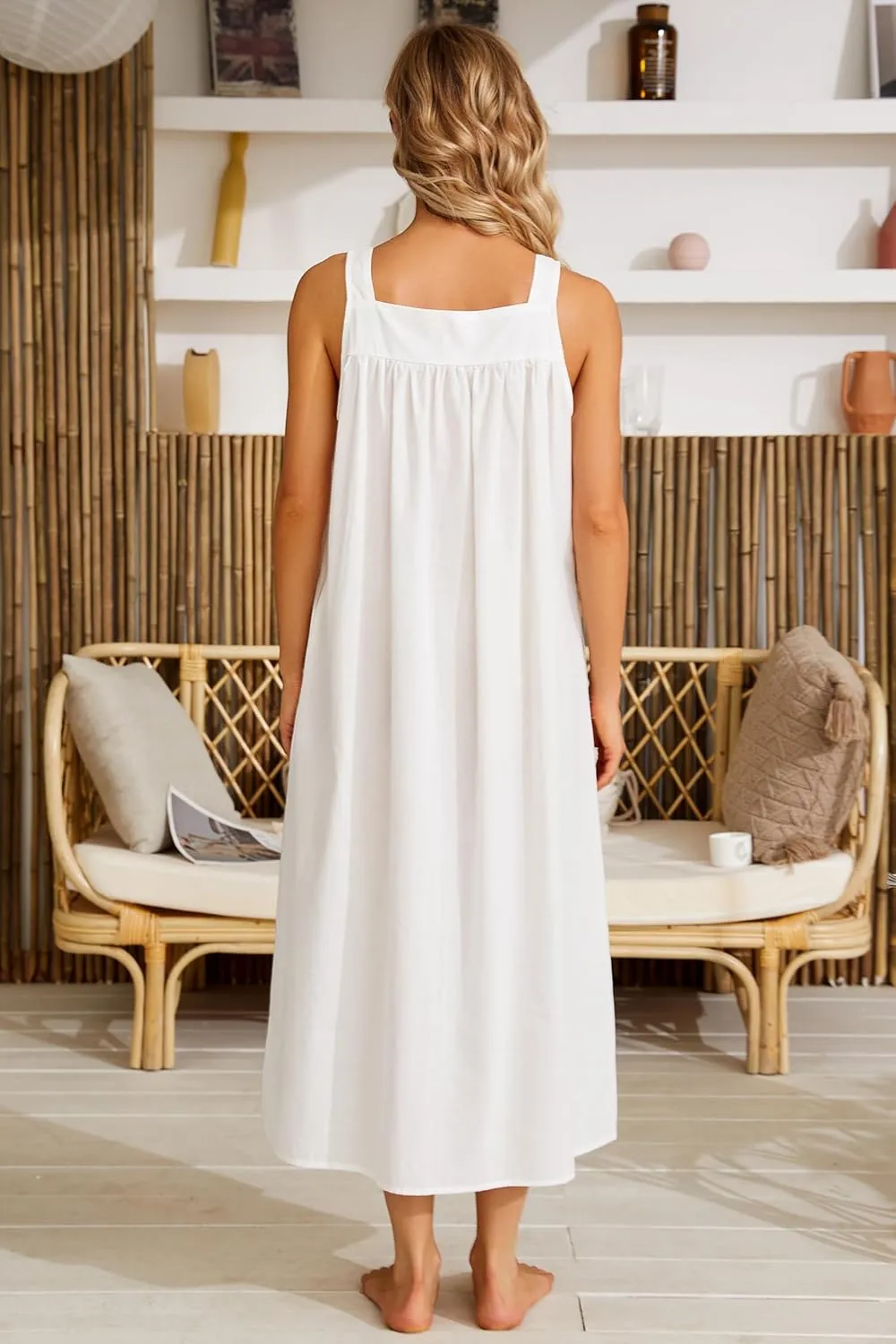 YOZLY Cotton Nightgowns for Women Embroidery Sleeveless Night Gown with Pockets S-XXXL