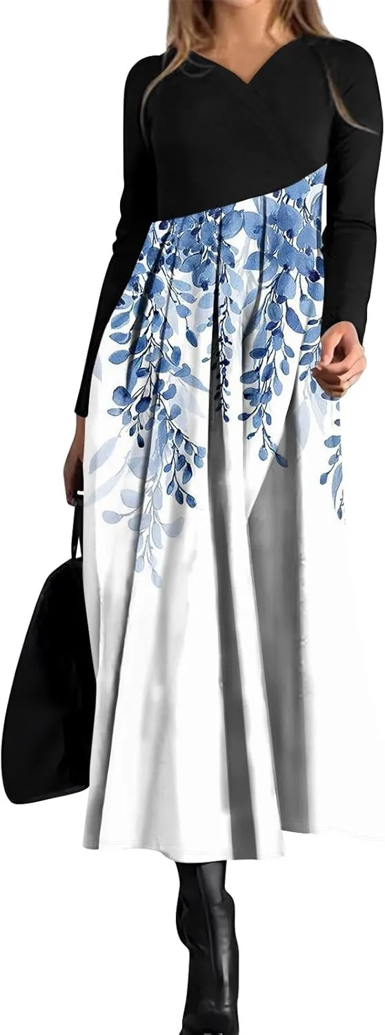 ZEFOTIM Long Sleeve Dresses for Women 2025 Floral Dresses Summer Dresses for Women Maxi Dresses V Neck Dresses Spring Dress
