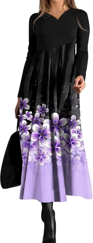 ZEFOTIM Long Sleeve Dresses for Women 2025 Floral Dresses Summer Dresses for Women Maxi Dresses V Neck Dresses Spring Dress