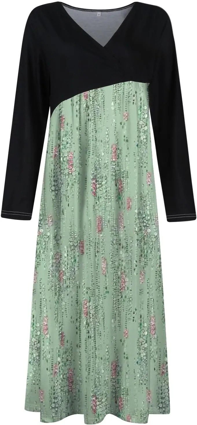ZEFOTIM Long Sleeve Dresses for Women 2025 Floral Dresses Summer Dresses for Women Maxi Dresses V Neck Dresses Spring Dress