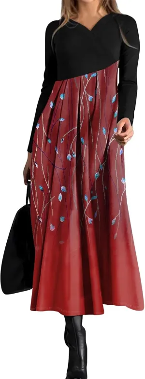 ZEFOTIM Long Sleeve Dresses for Women 2025 Floral Dresses Summer Dresses for Women Maxi Dresses V Neck Dresses Spring Dress