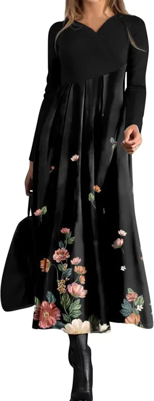 ZEFOTIM Long Sleeve Dresses for Women 2025 Floral Dresses Summer Dresses for Women Maxi Dresses V Neck Dresses Spring Dress