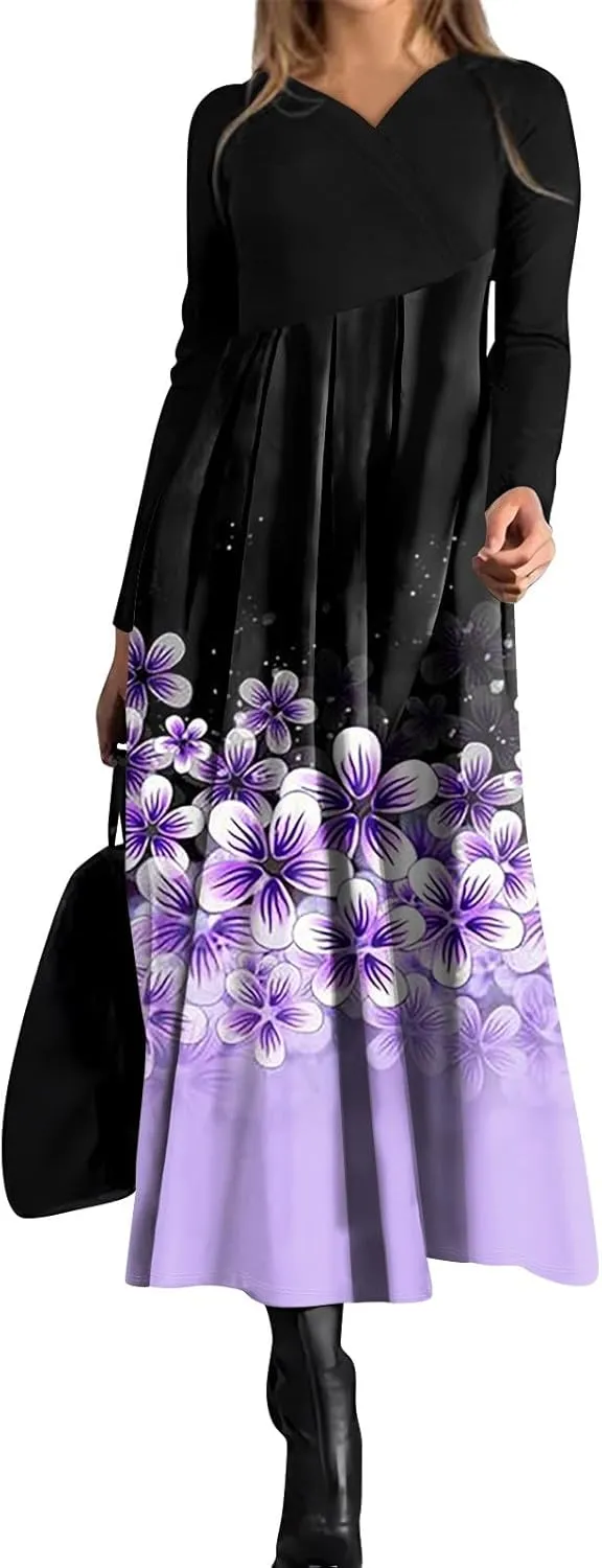 ZEFOTIM Long Sleeve Dresses for Women 2025 Floral Dresses Summer Dresses for Women Maxi Dresses V Neck Dresses Spring Dress