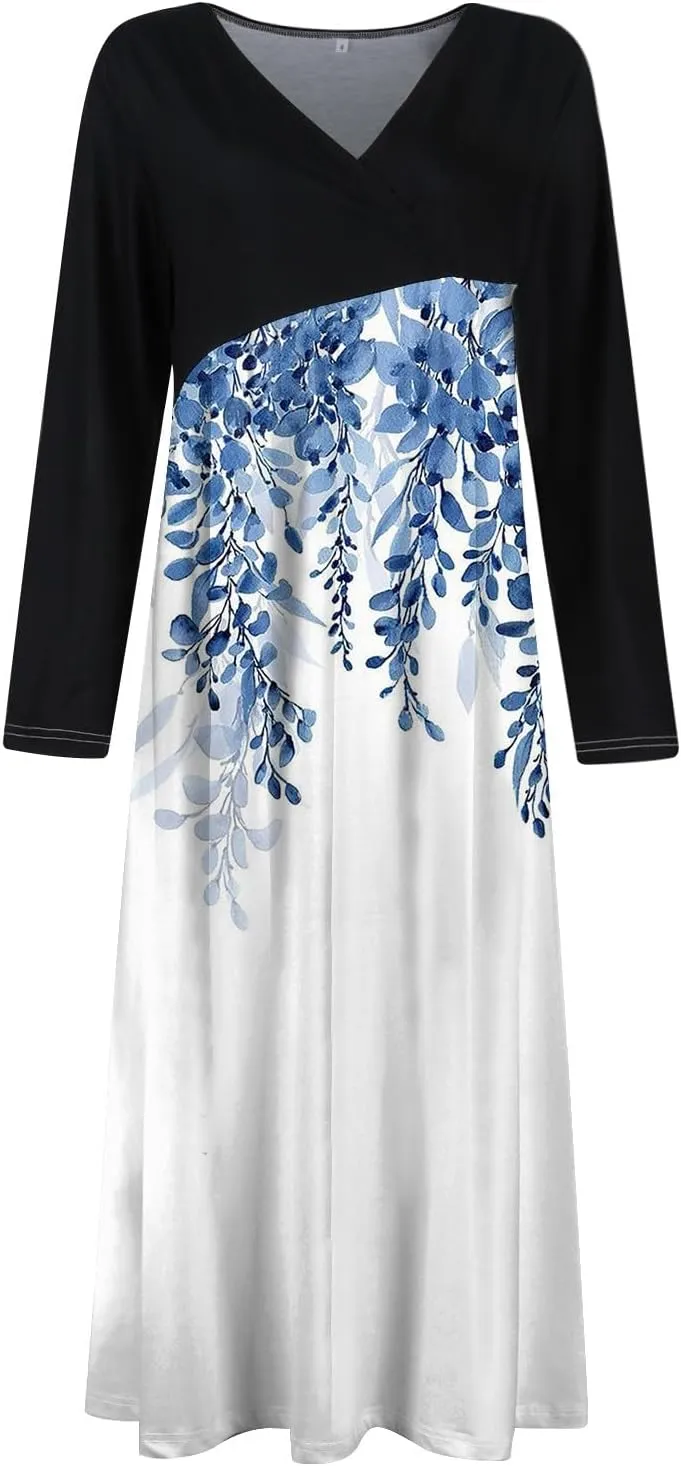 ZEFOTIM Long Sleeve Dresses for Women 2025 Floral Dresses Summer Dresses for Women Maxi Dresses V Neck Dresses Spring Dress