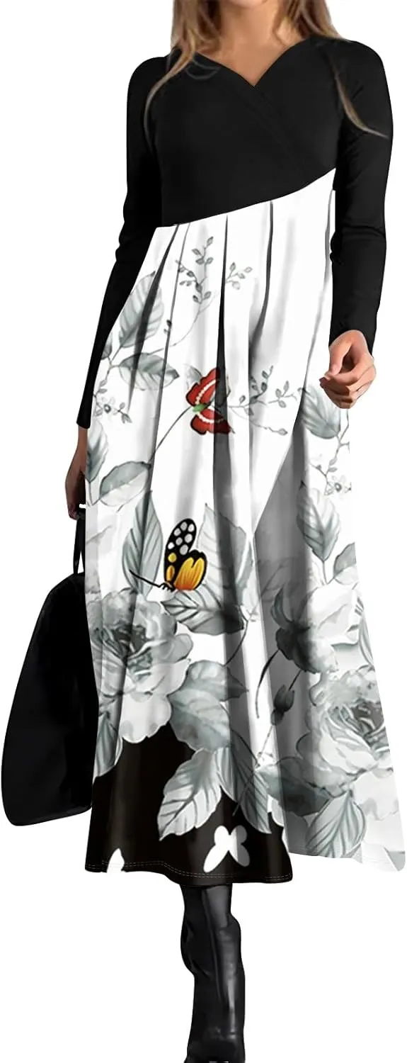 ZEFOTIM Long Sleeve Dresses for Women 2025 Floral Dresses Summer Dresses for Women Maxi Dresses V Neck Dresses Spring Dress