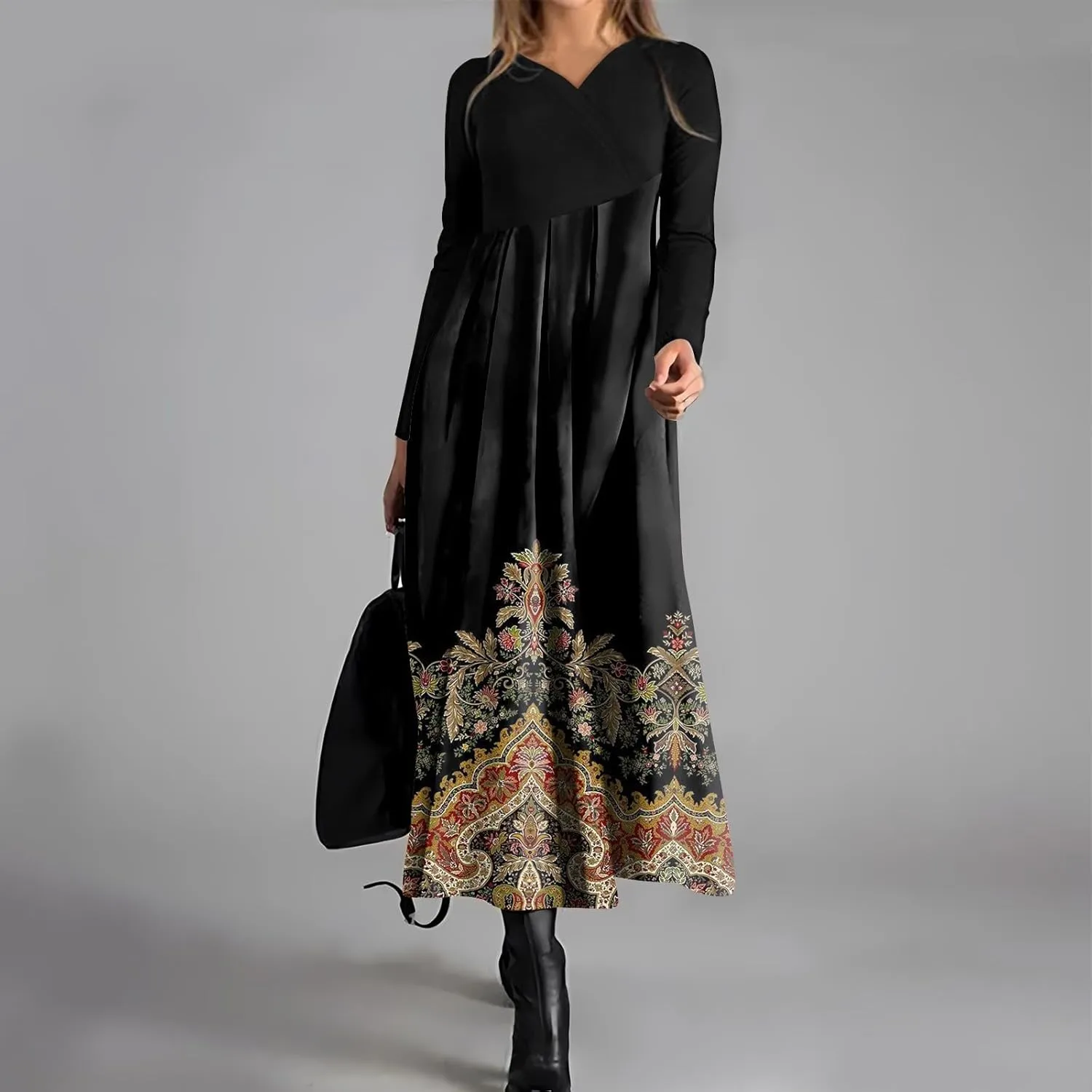 ZEFOTIM Long Sleeve Dresses for Women 2025 Floral Dresses Summer Dresses for Women Maxi Dresses V Neck Dresses Spring Dress