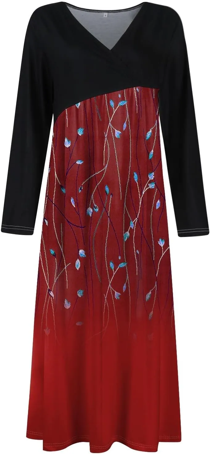 ZEFOTIM Long Sleeve Dresses for Women 2025 Floral Dresses Summer Dresses for Women Maxi Dresses V Neck Dresses Spring Dress
