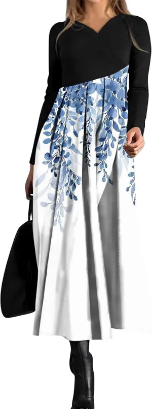 ZEFOTIM Long Sleeve Dresses for Women 2025 Floral Dresses Summer Dresses for Women Maxi Dresses V Neck Dresses Spring Dress