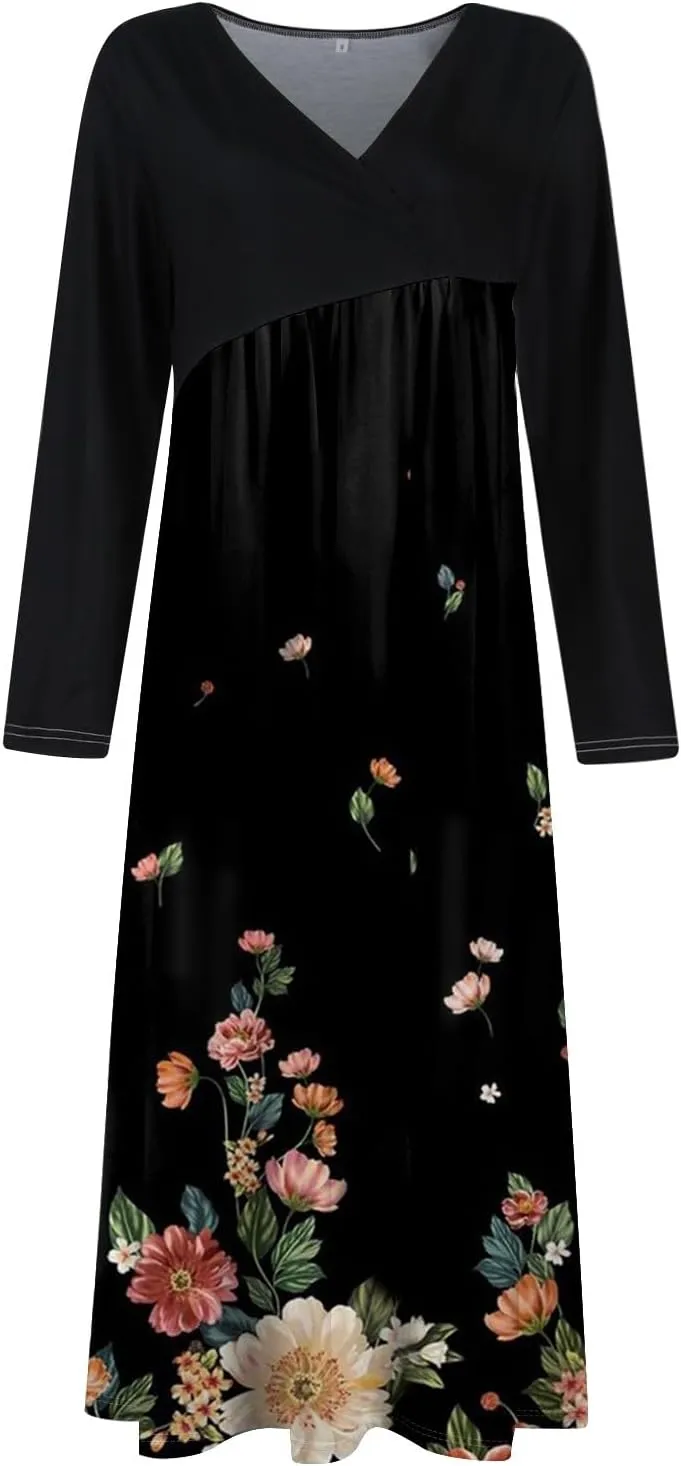 ZEFOTIM Long Sleeve Dresses for Women 2025 Floral Dresses Summer Dresses for Women Maxi Dresses V Neck Dresses Spring Dress