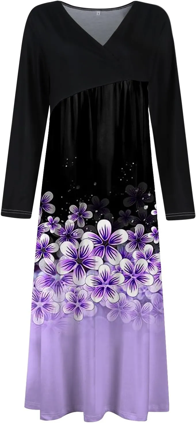 ZEFOTIM Long Sleeve Dresses for Women 2025 Floral Dresses Summer Dresses for Women Maxi Dresses V Neck Dresses Spring Dress