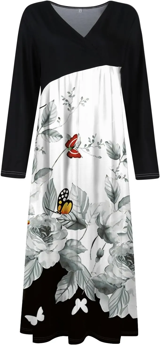 ZEFOTIM Long Sleeve Dresses for Women 2025 Floral Dresses Summer Dresses for Women Maxi Dresses V Neck Dresses Spring Dress