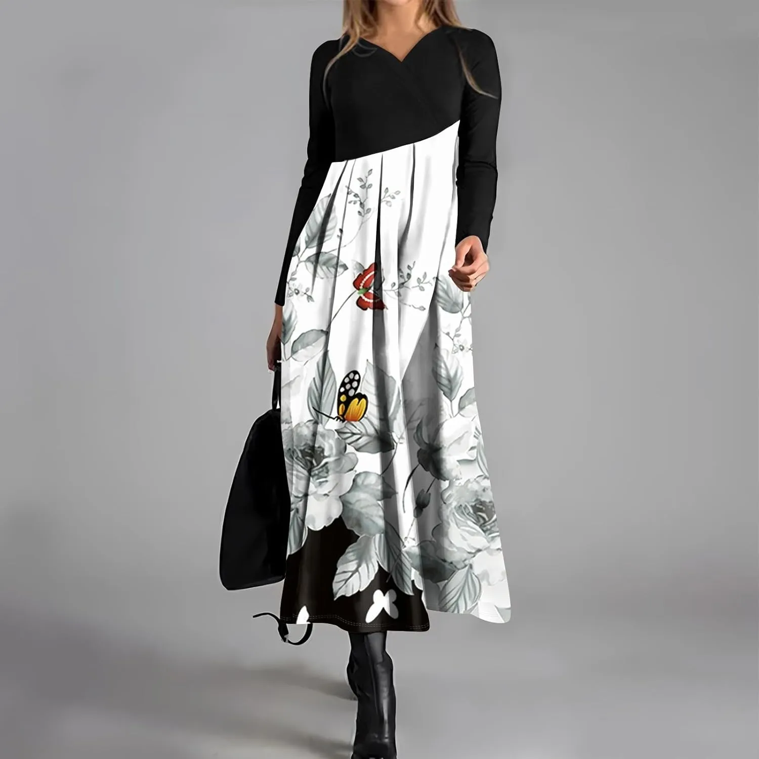 ZEFOTIM Long Sleeve Dresses for Women 2025 Floral Dresses Summer Dresses for Women Maxi Dresses V Neck Dresses Spring Dress