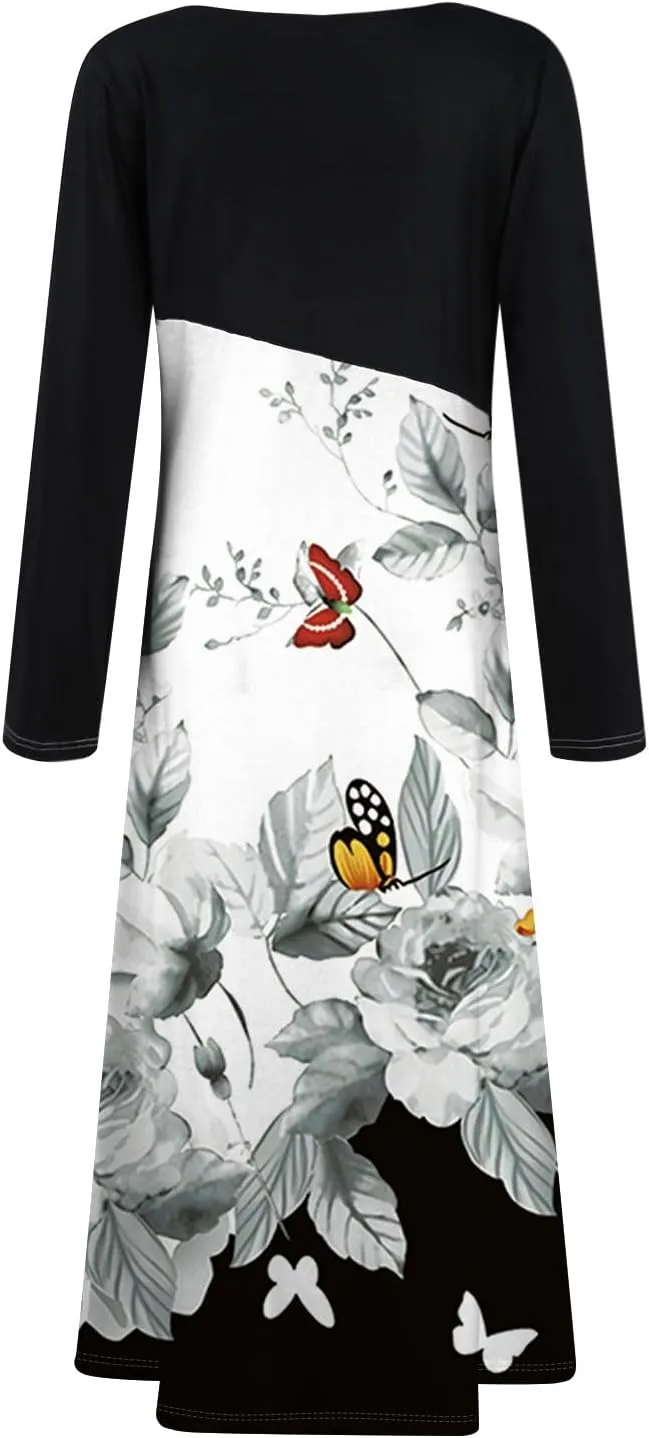 ZEFOTIM Long Sleeve Dresses for Women 2025 Floral Dresses Summer Dresses for Women Maxi Dresses V Neck Dresses Spring Dress