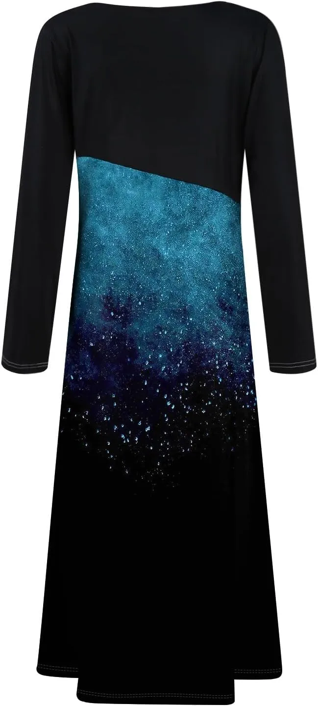 ZEFOTIM Long Sleeve Dresses for Women Color Block Dress for Women Summer Dresses Maxi Dresses V Neck Dresses Spring Dress