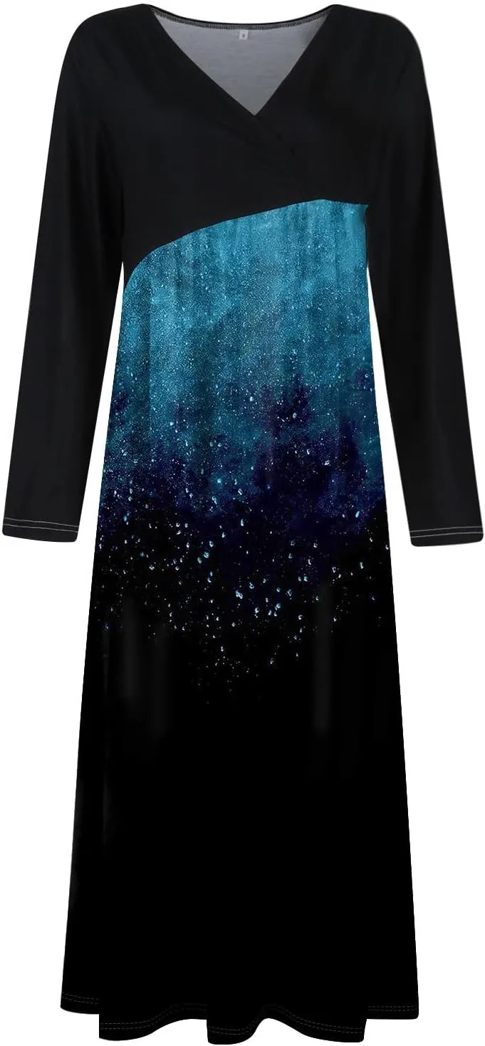 ZEFOTIM Long Sleeve Dresses for Women Color Block Dress for Women Summer Dresses Maxi Dresses V Neck Dresses Spring Dress