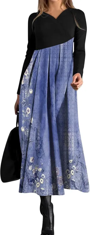 ZEFOTIM Long Sleeve Dresses for Women Color Block Dress for Women Summer Dresses Maxi Dresses V Neck Dresses Spring Dress