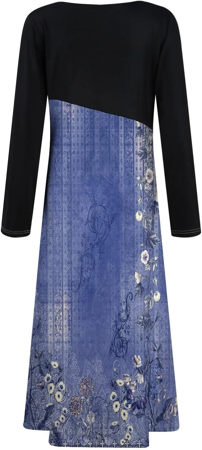 ZEFOTIM Long Sleeve Dresses for Women Color Block Dress for Women Summer Dresses Maxi Dresses V Neck Dresses Spring Dress