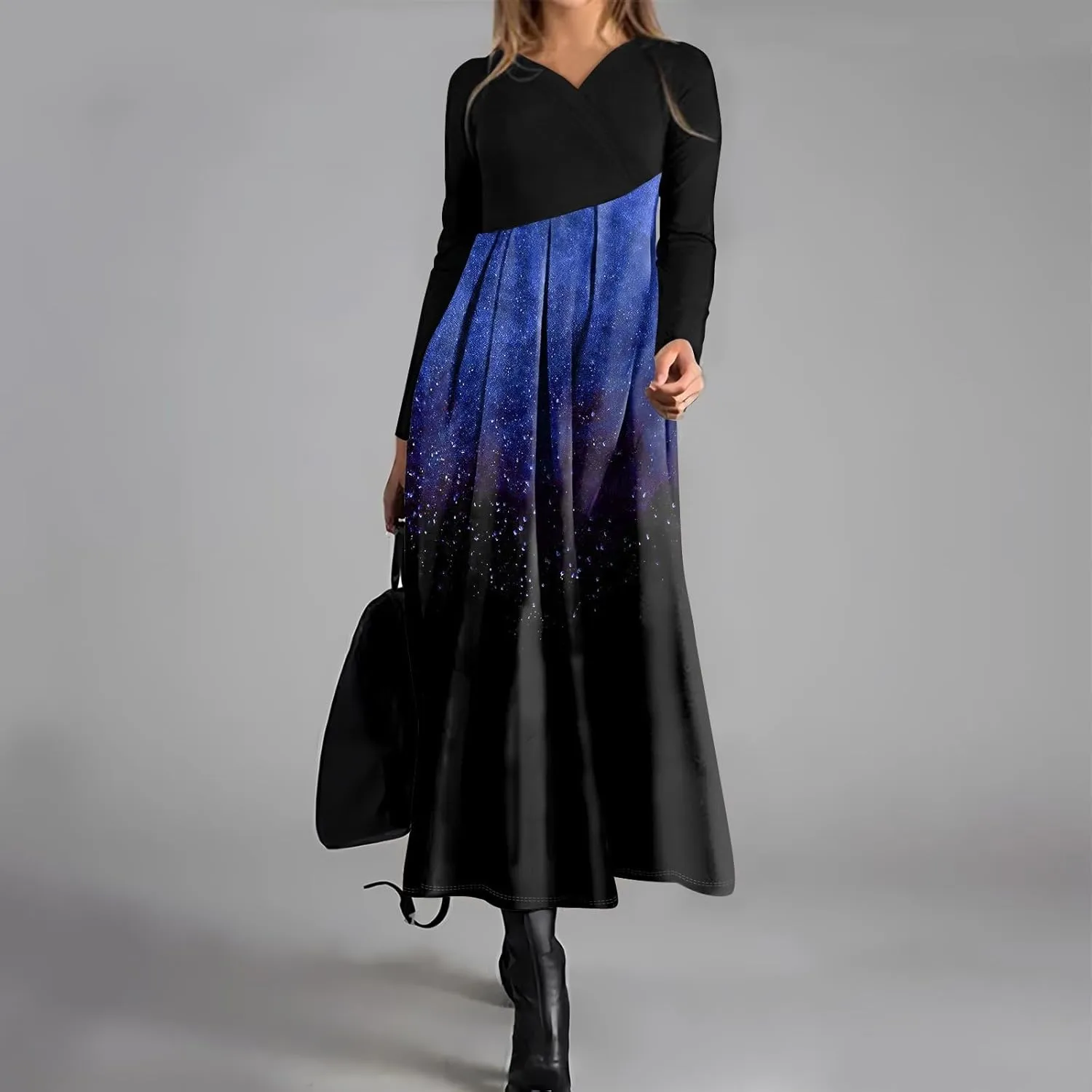 ZEFOTIM Long Sleeve Dresses for Women Color Block Dress for Women Summer Dresses Maxi Dresses V Neck Dresses Spring Dress