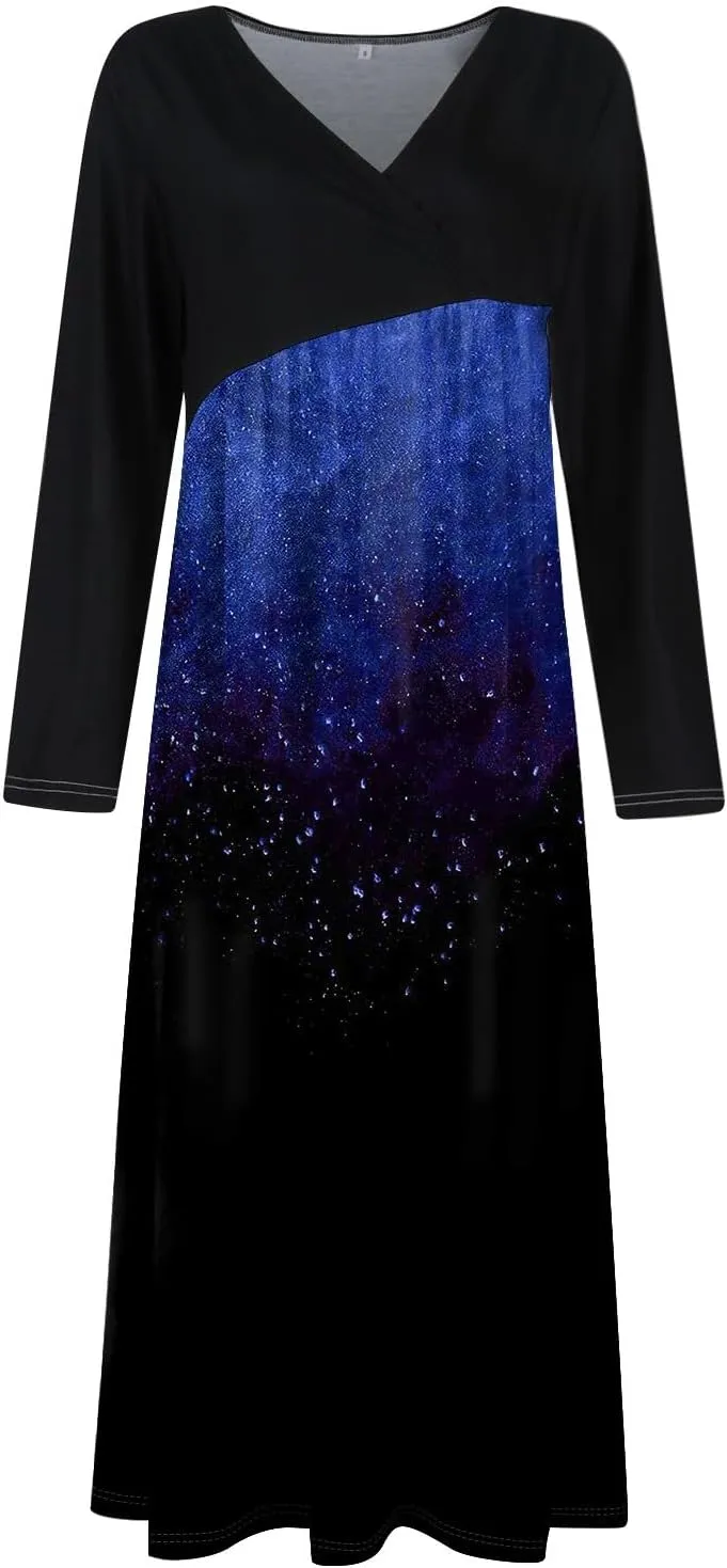 ZEFOTIM Long Sleeve Dresses for Women Color Block Dress for Women Summer Dresses Maxi Dresses V Neck Dresses Spring Dress