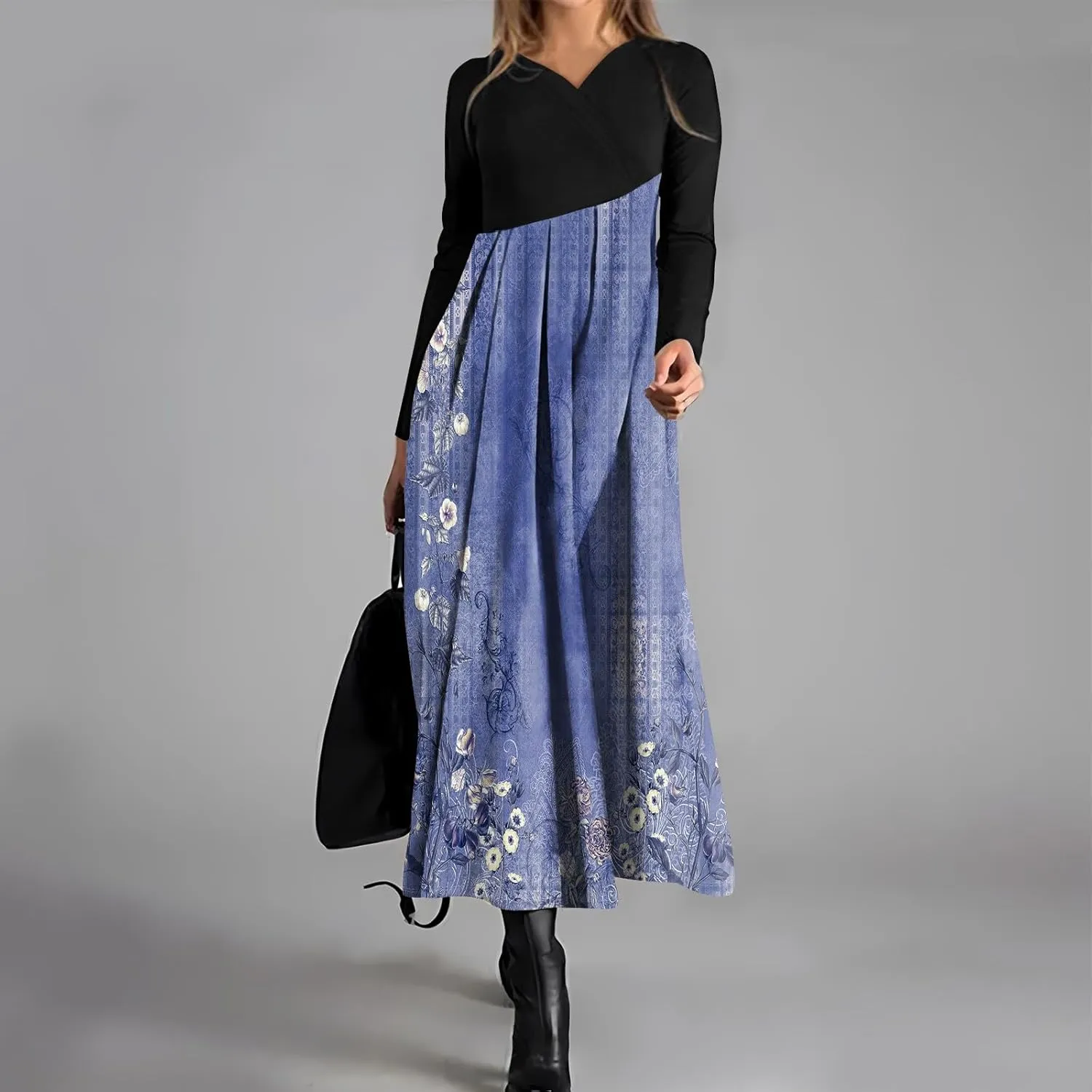 ZEFOTIM Long Sleeve Dresses for Women Color Block Dress for Women Summer Dresses Maxi Dresses V Neck Dresses Spring Dress