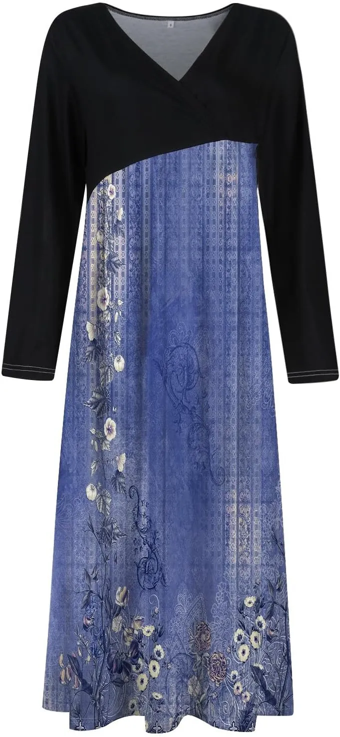 ZEFOTIM Long Sleeve Dresses for Women Color Block Dress for Women Summer Dresses Maxi Dresses V Neck Dresses Spring Dress