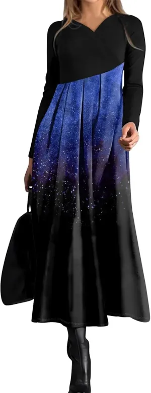 ZEFOTIM Long Sleeve Dresses for Women Color Block Dress for Women Summer Dresses Maxi Dresses V Neck Dresses Spring Dress