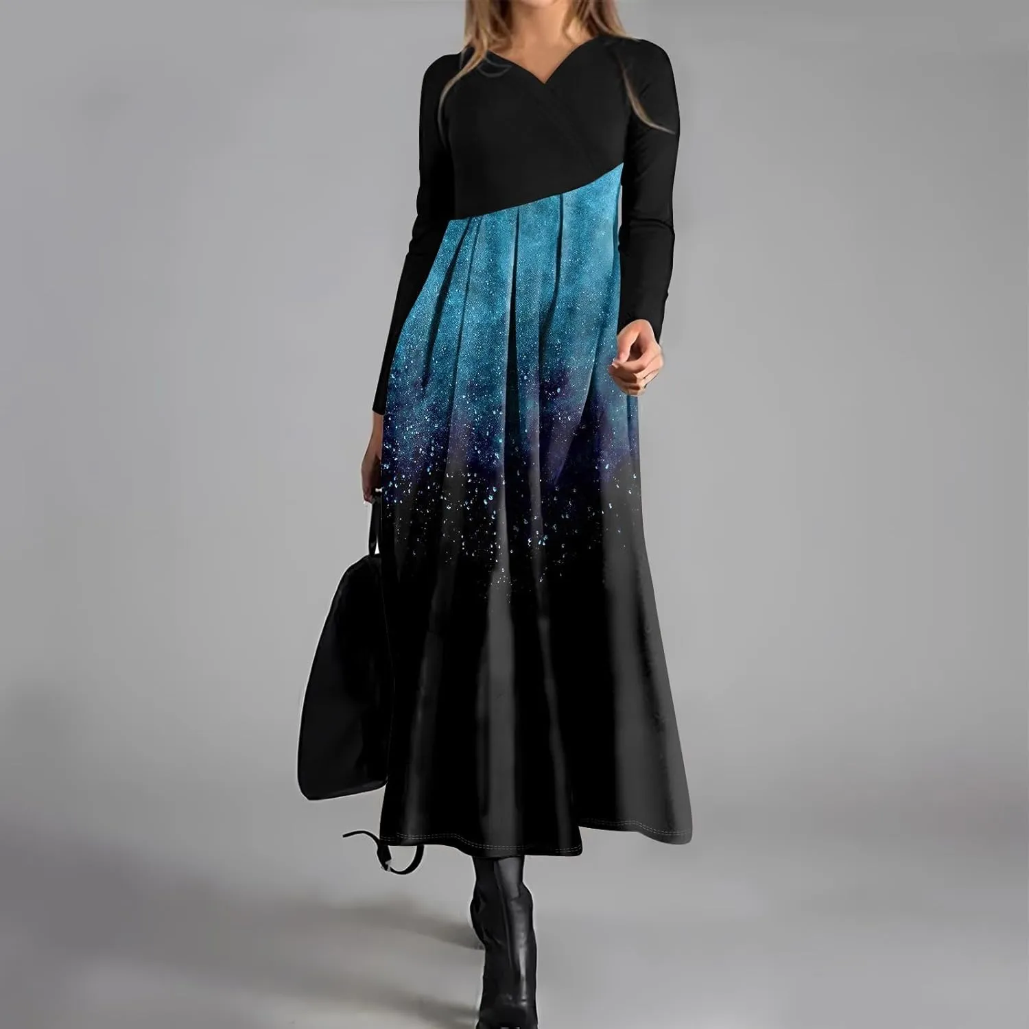 ZEFOTIM Long Sleeve Dresses for Women Color Block Dress for Women Summer Dresses Maxi Dresses V Neck Dresses Spring Dress