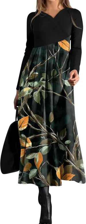 ZEFOTIM Womens Long Sleeve Dresses Floral Dress for Women Summer Dresses Maxi Dresses V Neck Dresses Womens Dresses Spring