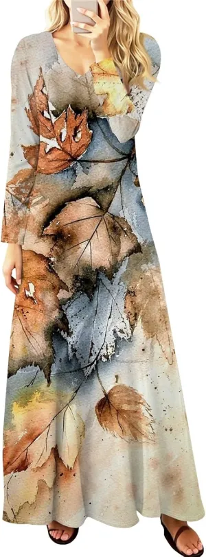 ZEFOTIM Womens Long Sleeve Dresses Floral Dress Plus Size Summer Dresses Maxi Dress V Neck Dresses Plus Size Spring Dresses